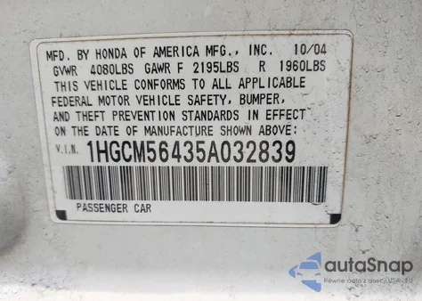 2005 Honda Accord 2.4 Lx z USA, uszkodzony, nr VIN 1HGCM56435A032839